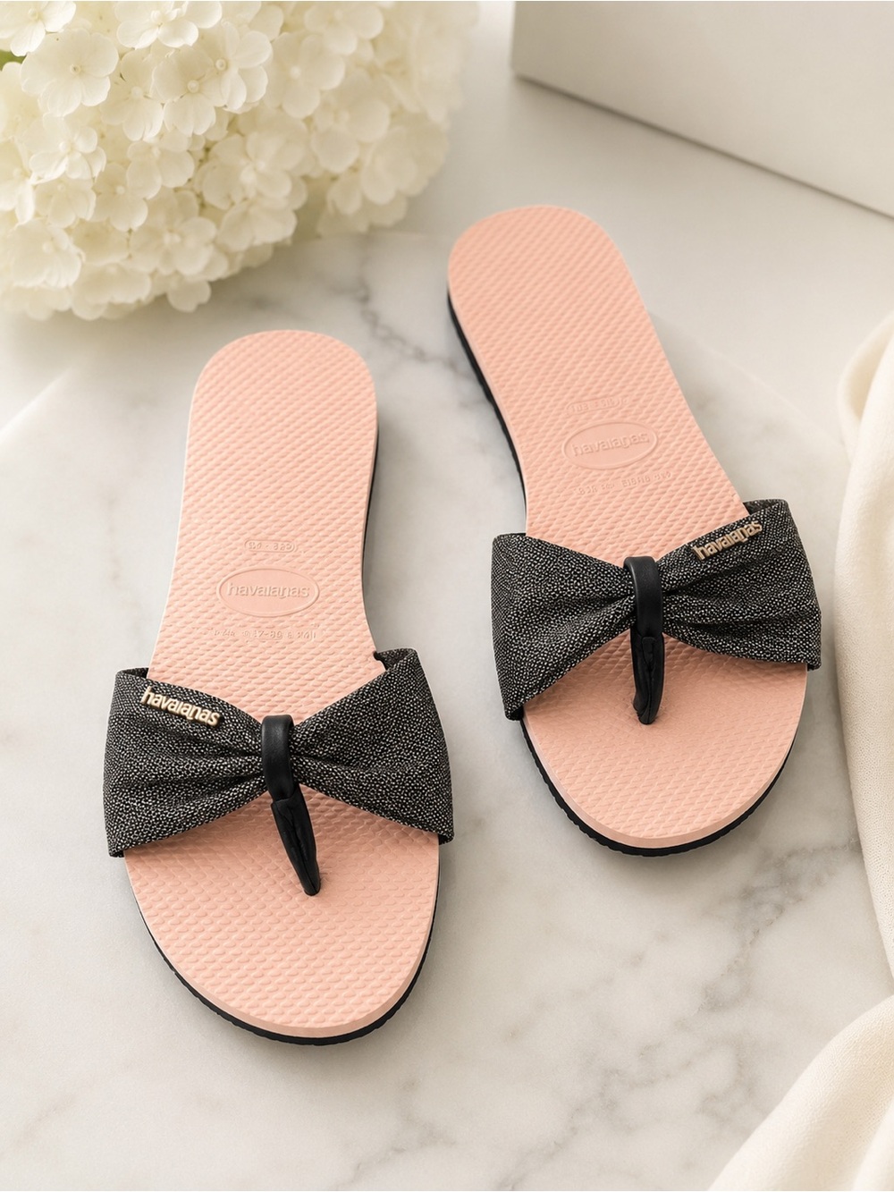 Havaianas Pink Footbed Sandals with Black Bow Strap
